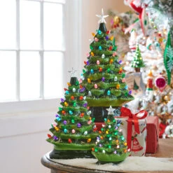 Raz 8", 13", Or 17" Battery Operated Lighted Green Ceramic Christmas Tree