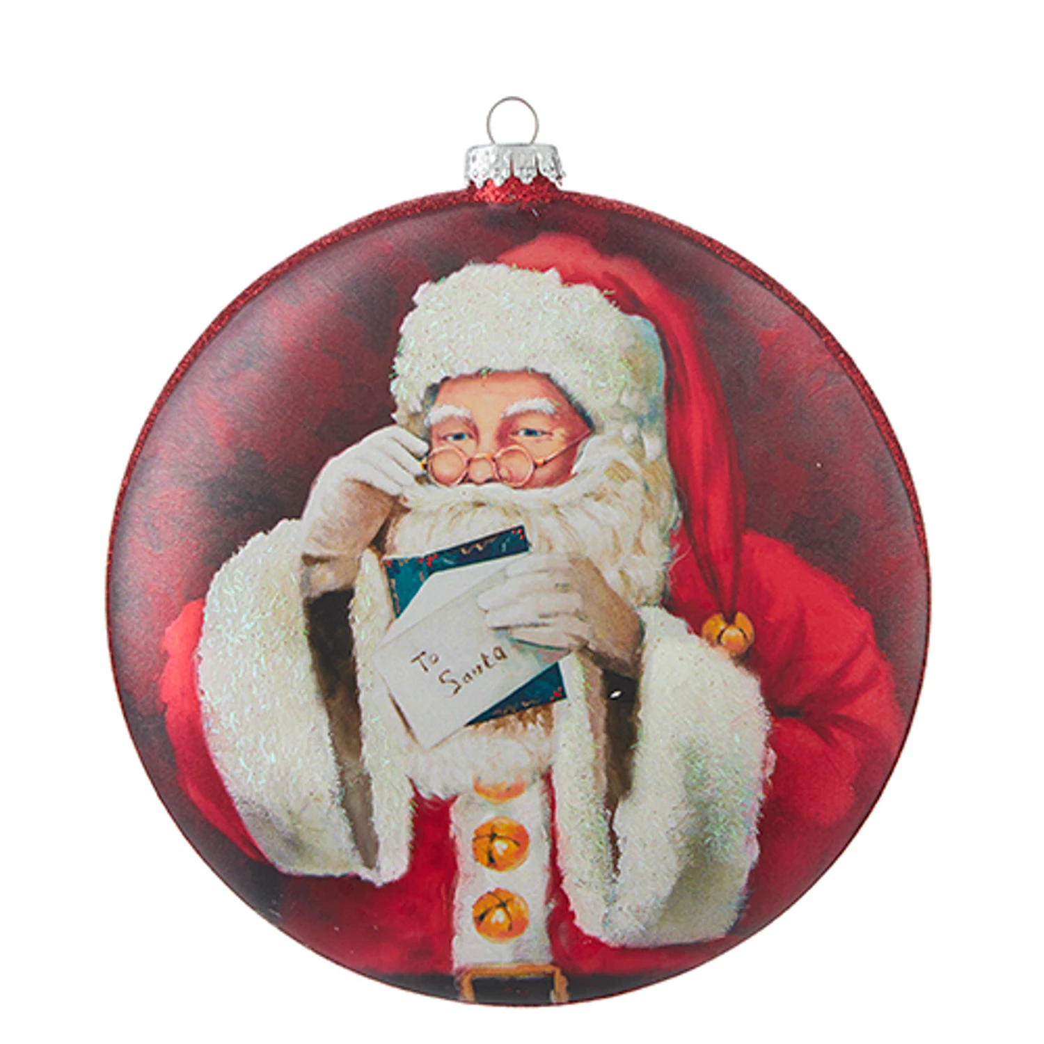 Raz 6" Santa Reading Letter Disc Glass Christmas Ornament 4252887 Raz 6" Santa Reading Letter Disc Glass Christmas Ornament 4252887 -The Jolly Christmas Shop 4252887 1 13680.1657914935