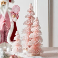 Raz Set Of 2 Pink Snowy Bottle Brush Christmas Trees 4316058