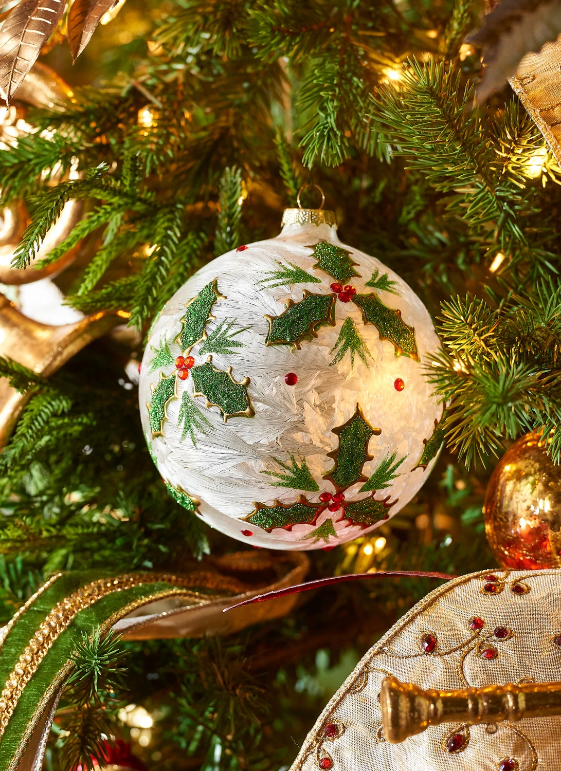 Raz 5" Holly Leaf Glass Ball Christmas Ornament 4322867