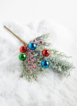 Raz 16" Snowy Pine And Multicolor Ball Ornament Christmas Tree Pick F4306722