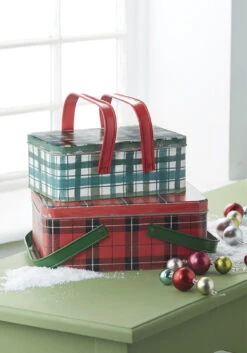 Raz 10.5" Set Of 2 Metal Plaid Handled Picnic Basket Christmas Decoration 4111234