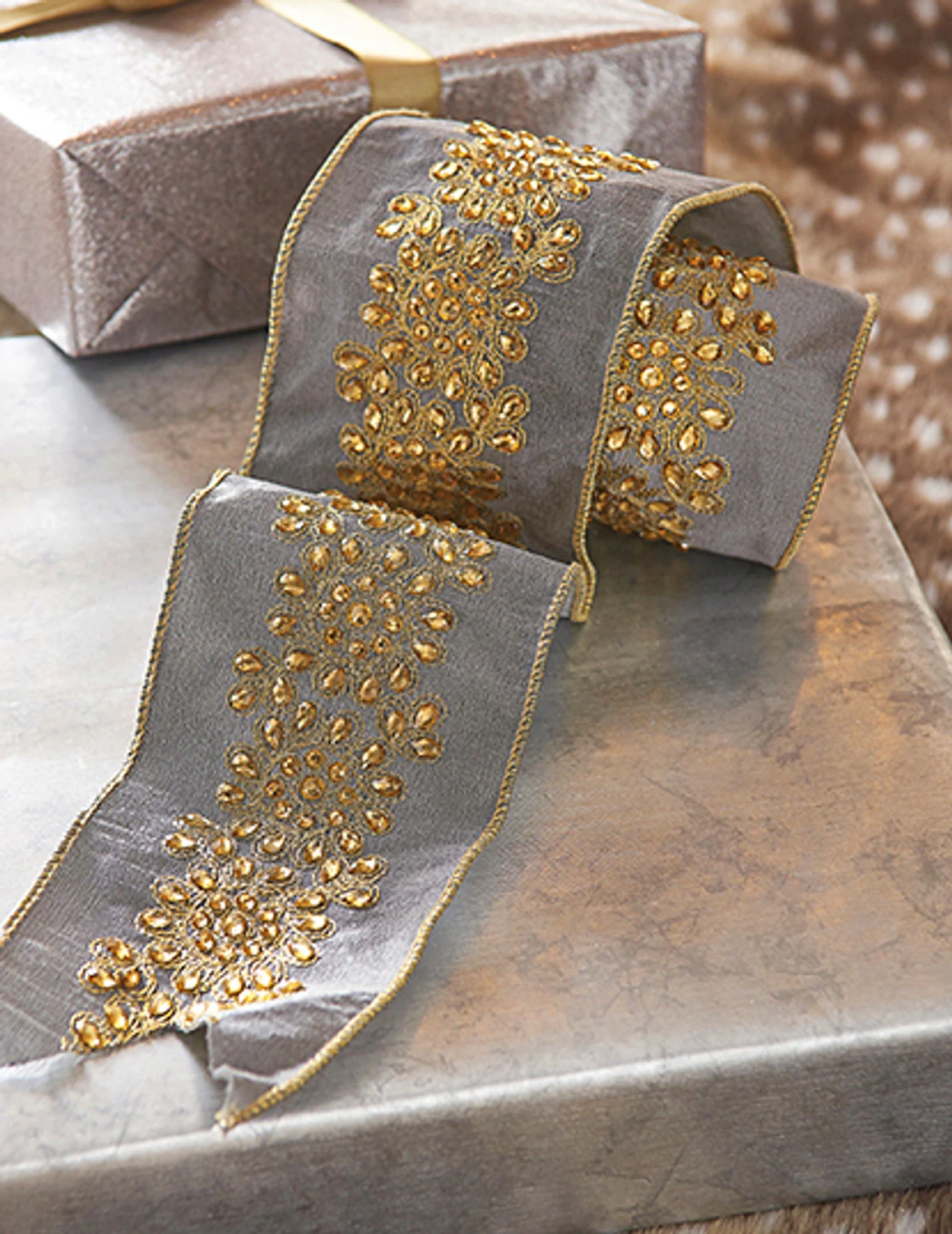 Raz 4" Grey and Gold Embroidered Wired Christmas Ribbon R4171868 Raz 4" Grey And Gold Embroidered Wired Christmas Ribbon R4171868 -The Jolly Christmas Shop apimochth 84859.1646091969