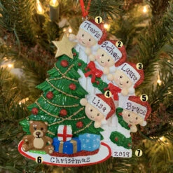 Family Of 5 Around The Christmas Tree Personalized Ornament OR1789-5