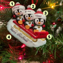 3.75" Family Of 3 Penguins On Sled Personalized Christmas Ornament OR1915-3